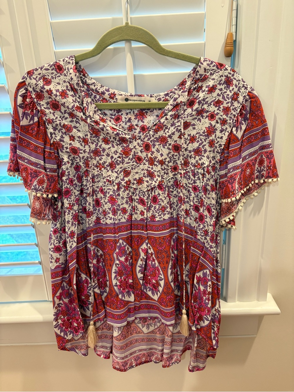 The Impeccable Pig Floral Boho Blouse in Red, Purple, and White